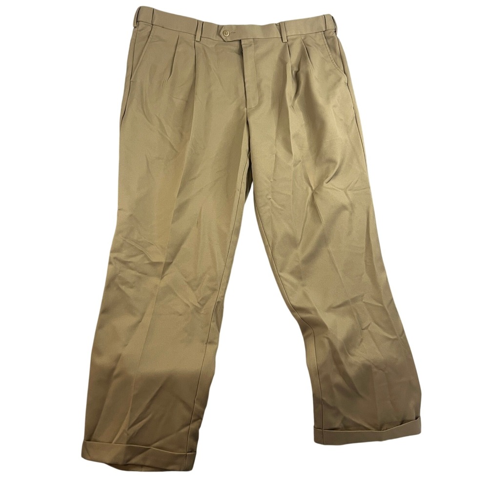 Savane Mens Khaki Pleated Relaxed Fit Polyester Dress Pants Size 40x30‎